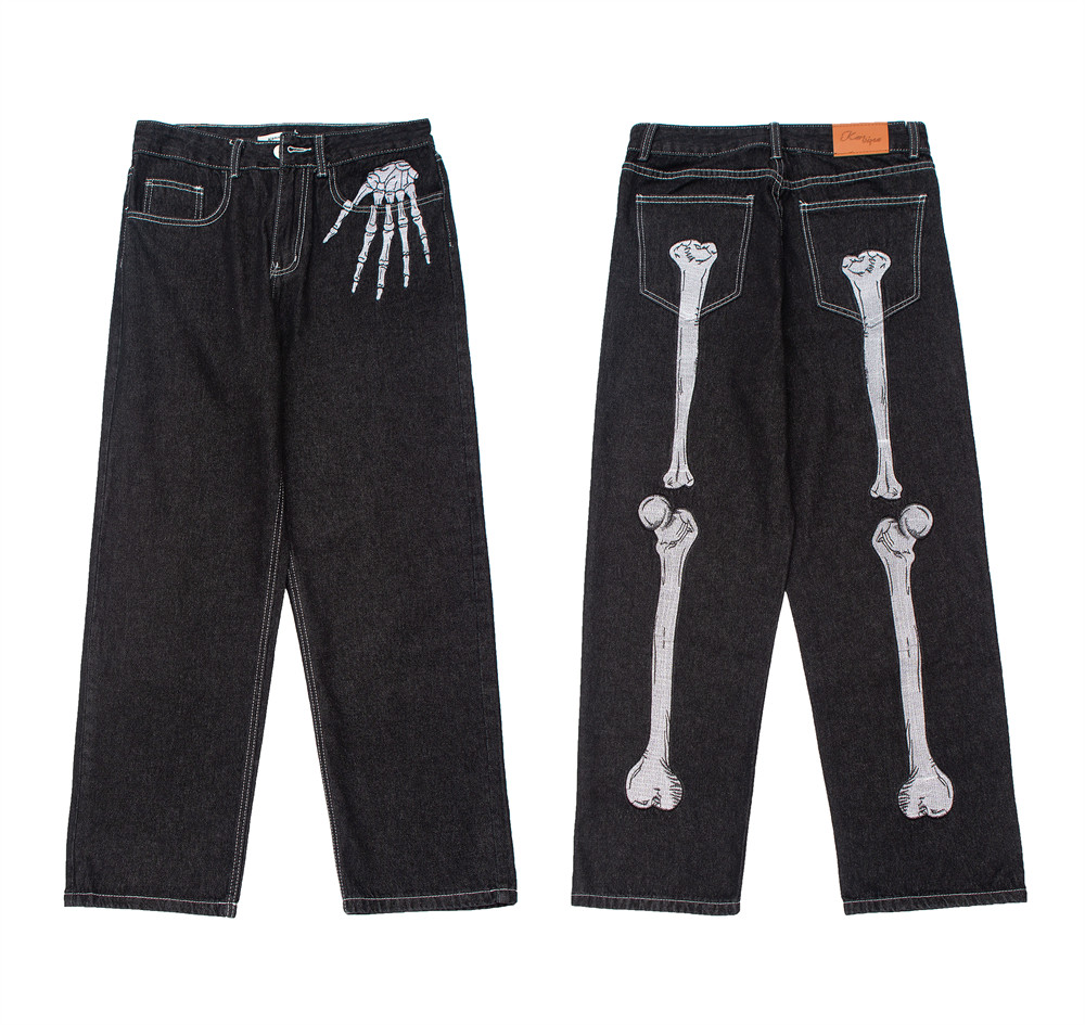 Title 1, Mens Dark Skeleton Embroidery Jeans, Comfortab...