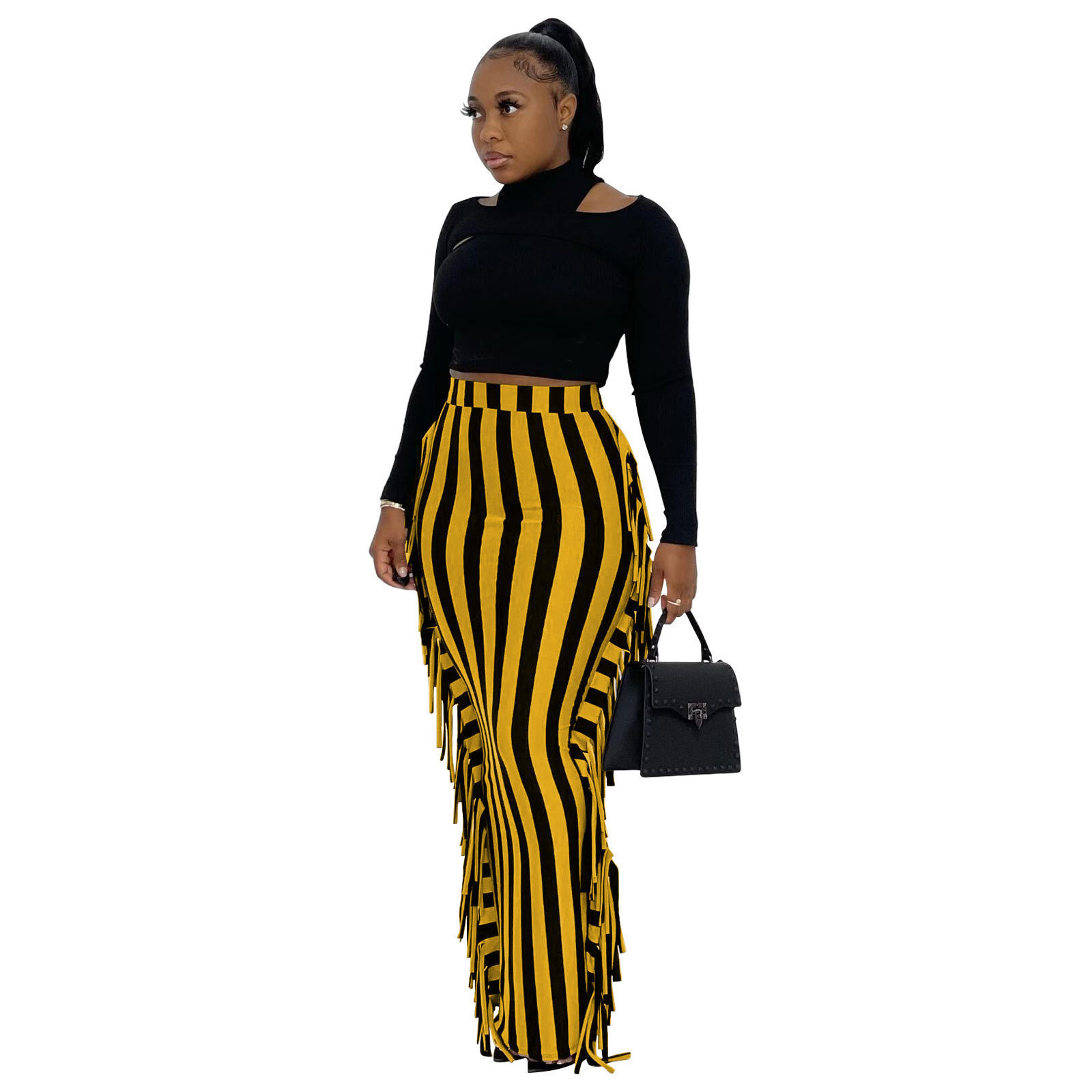 Cross Border Independent Women's Brushed Fabric Cute Tassel Skirt On Both Sides Black And Yellow Stripes - Shop at LoveMi