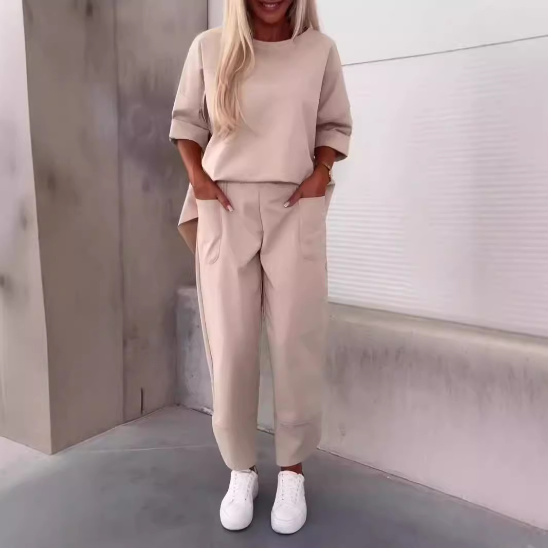 Two-piece Solid Color Round Neck Cropped Pants Set – Apricot, S