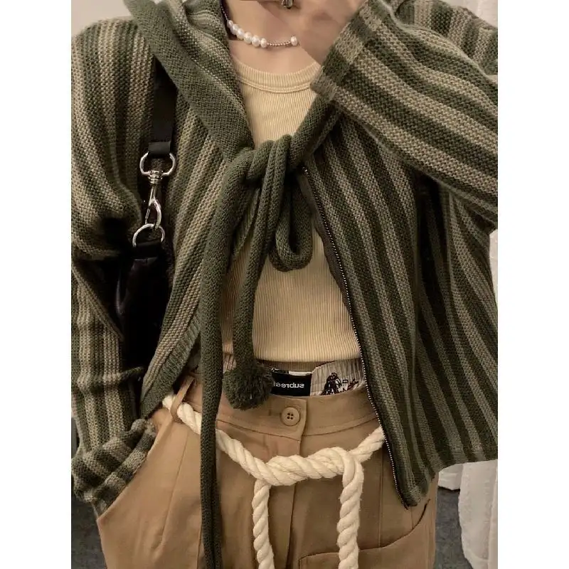 Retro Fashionable Hooded Sweater Women's Loose Korean Style Vertical Stripes