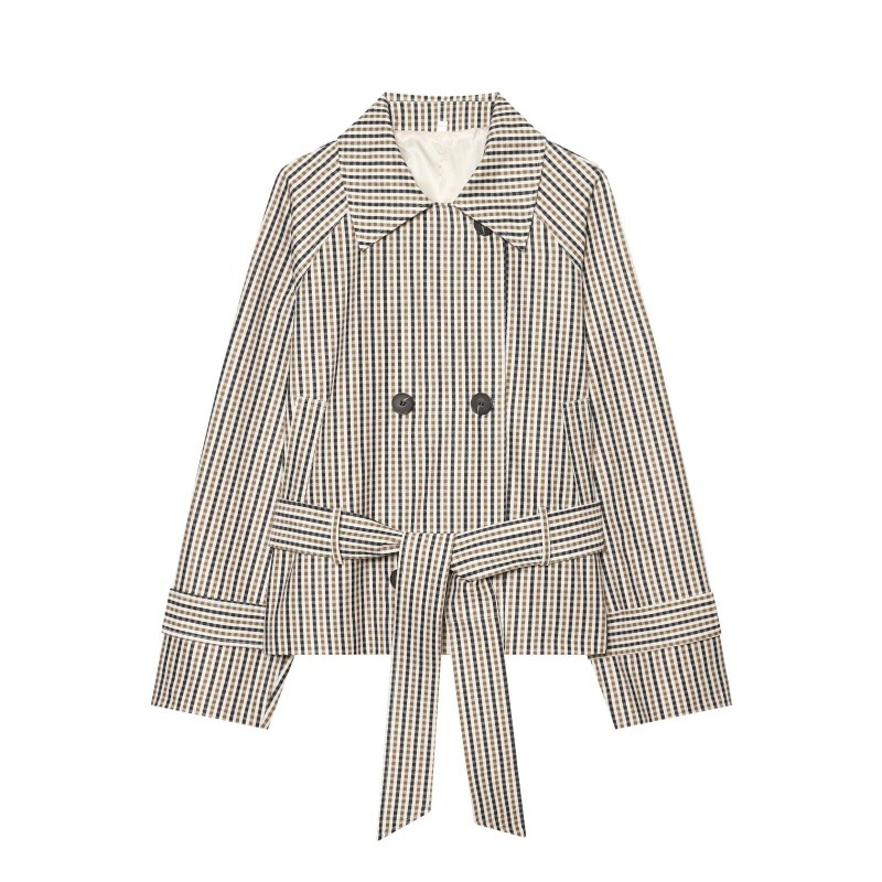 Women's Retro Plaid Straight-Leg Belted Trench Coat