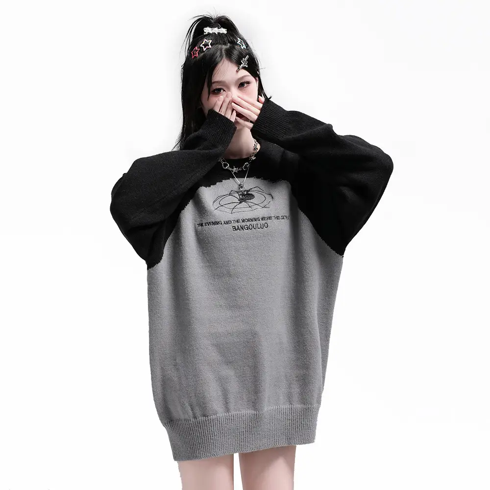 Stitching Contrast Color Loose Sweater Female Bf Idle Style