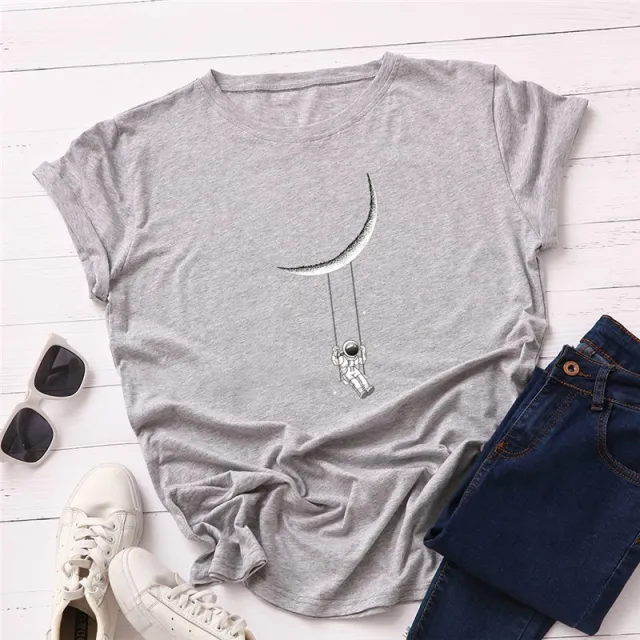 Women's Moon Astronaut Printed T shirt Short Sleeve Bottoming Top Gray - Shop at LoveMi