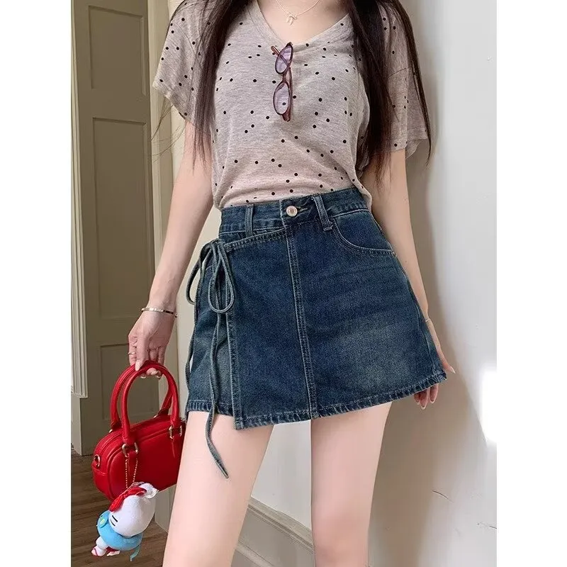 Fake Two Pieces Denim Shorts Summer A- Line High Waist Irregular - Dark Blue