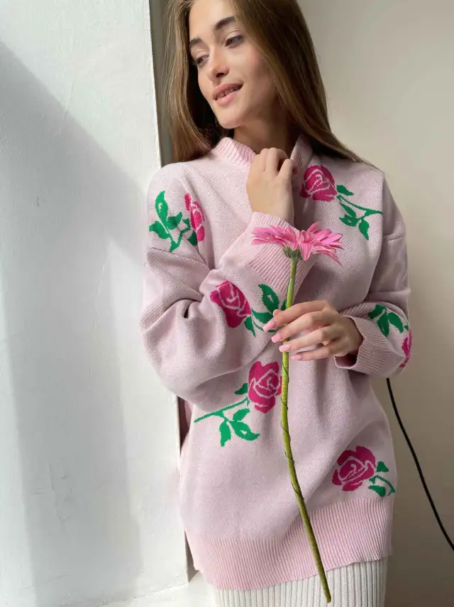 Women's Round Neck Rose Printed Sweater Sweater Pink - Shop at LoveMi