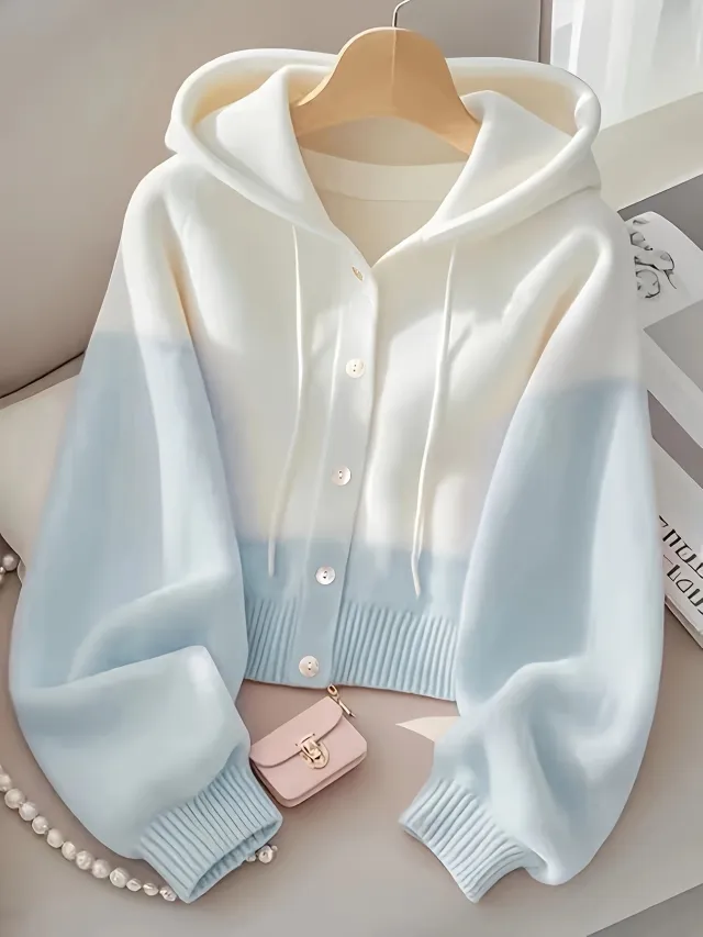 Patchwork Hooded Lazy High grade Knitted Top Blue - Shop at LoveMi