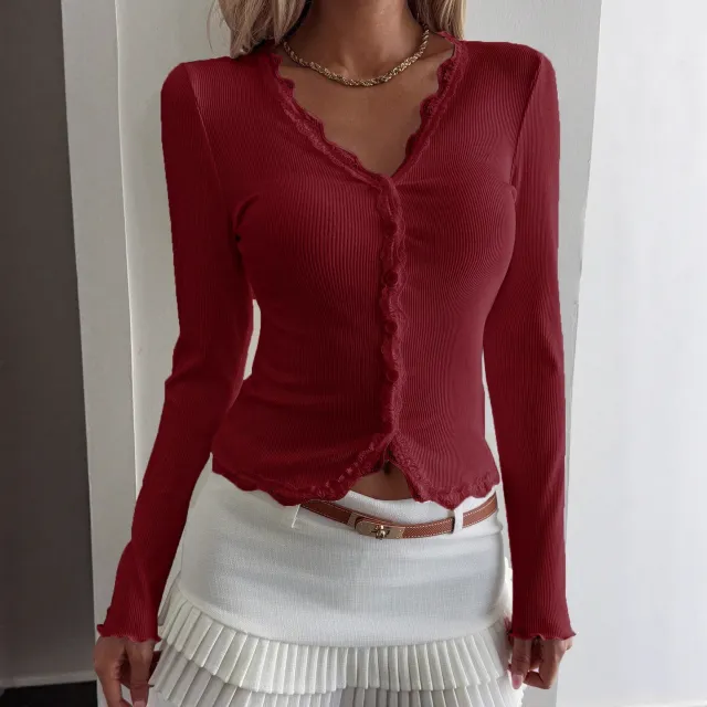 V neck Lace Stitching Anti stripe Cardigan Women's Top Wine Red - Shop at LoveMi