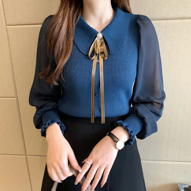 Lantern Sleeve Splicing Knitwear Women Blue - Shop at LoveMi