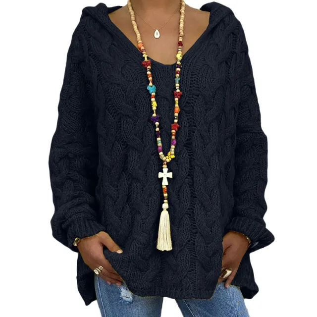 Solid Color Twist Knitted Hoodie Sweater For Women Black - Shop at LoveMi