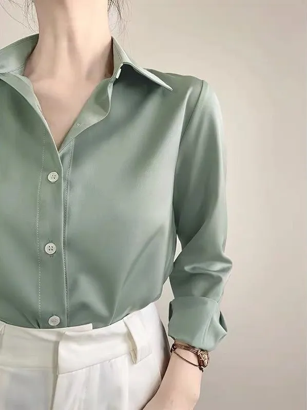 Women's High grade Green Satin Shirt Middle Gray Green - Shop at LoveMi