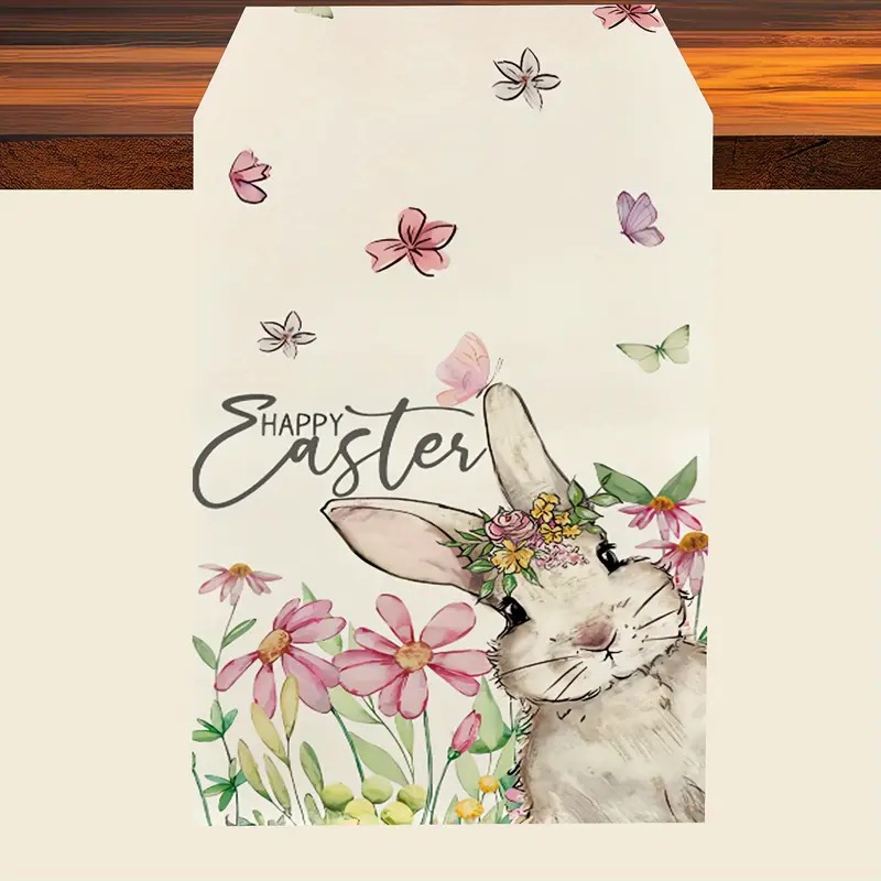 Easter Table Runner Rabbit Egg Decoration Linen Printing Table Cloth - Picture 23 of 32