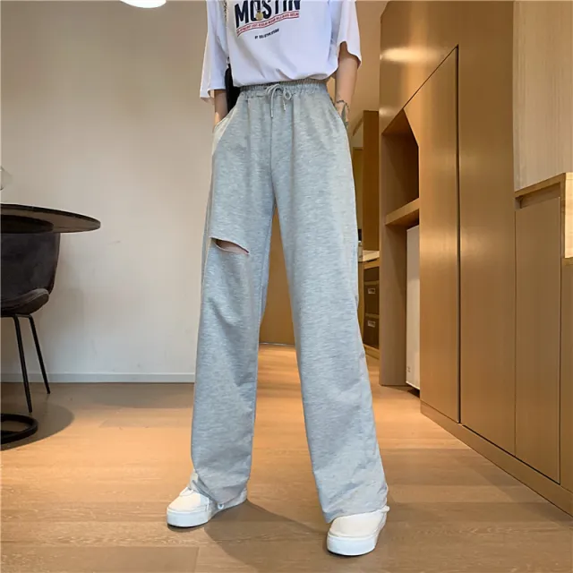 Women's Relaxed fit Drawstring Design Distressed Wide leg Trousers Gray - Shop at LoveMi