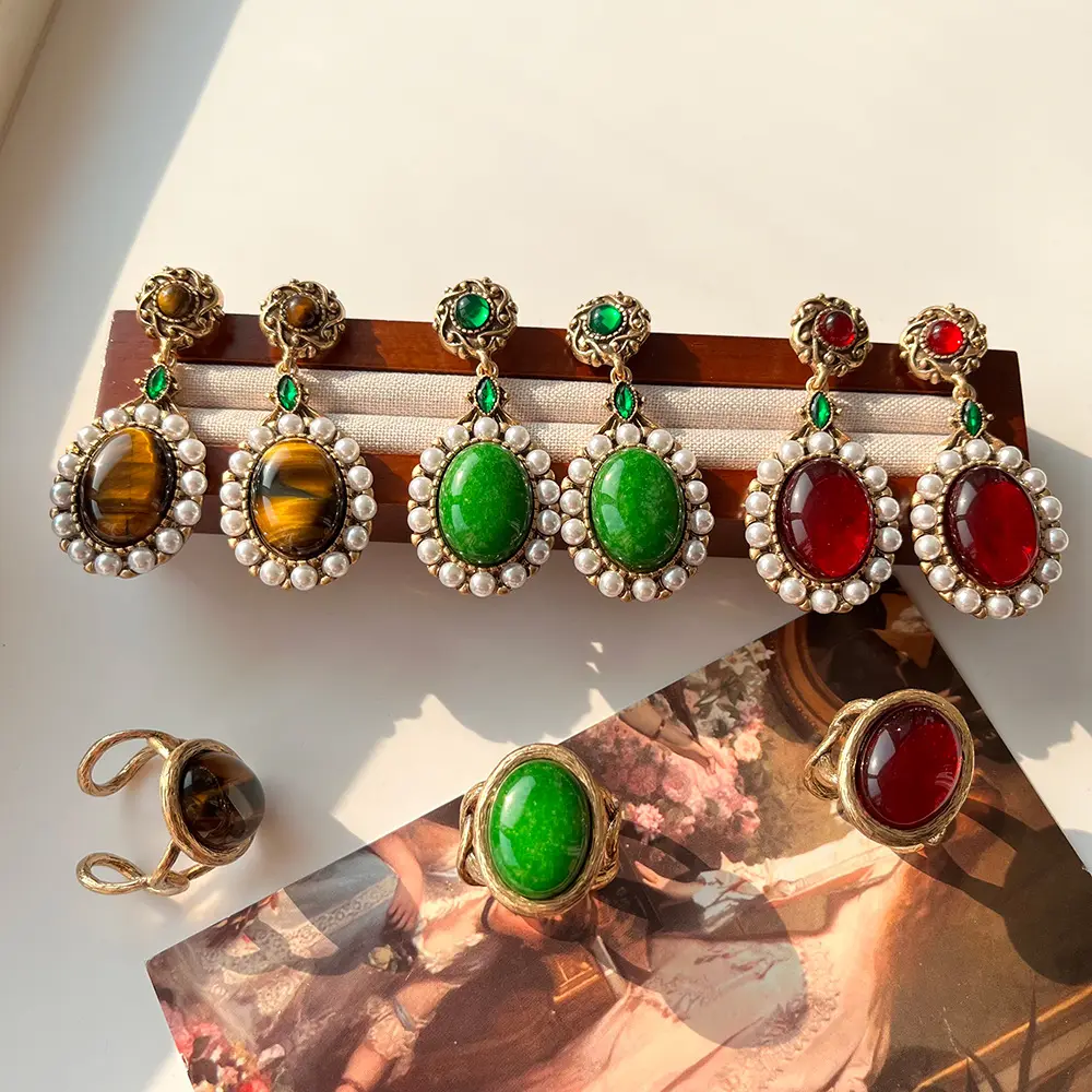 Earrings With Natural Stone And Pearl Inlay
