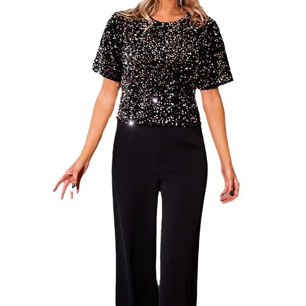 Sequin Pocket Backless Slit Graceful And Fashionable Jumpsuit Women Black - Shop at LoveMi