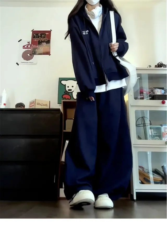 Women's Navy Blue Casual Hooded Zip up Sweatshirt For Autumn And Winter Blue - Shop at LoveMi