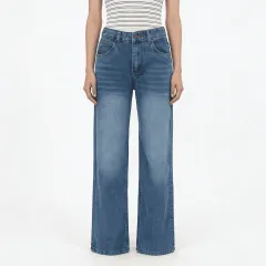 Retro Washed Mopping Pants High-Waisted Womens Slimming Washed Denim Jeans - Blue - View 1