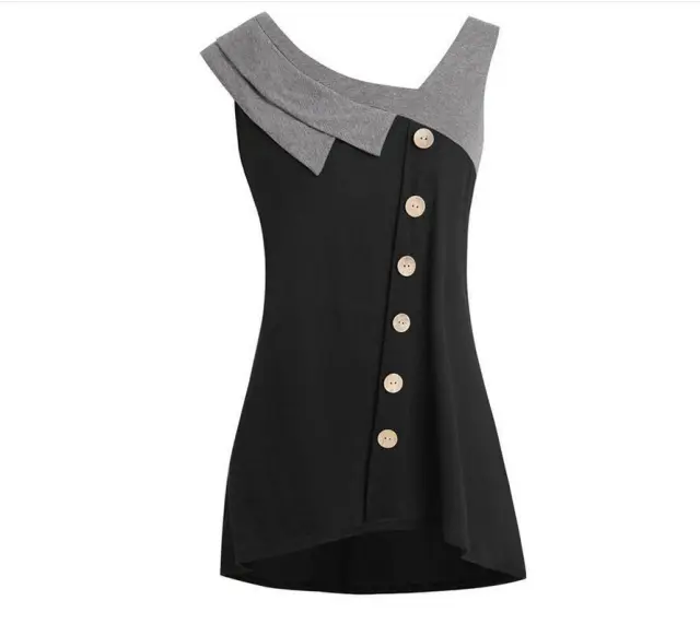 Women's Diagonal Collar Button Plus Size Vest Irregular Color Matching Top Black - Shop at LoveMi