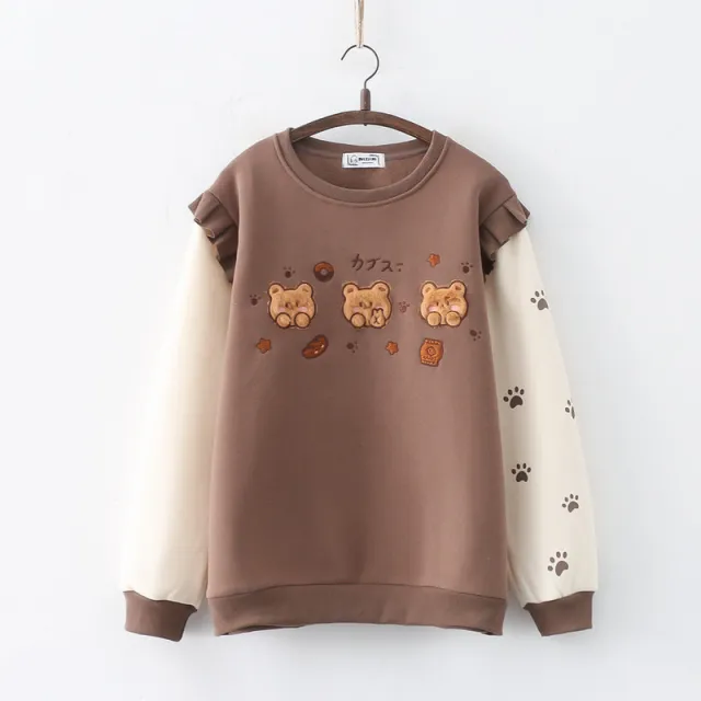 Women's Cartoon Three Bears Embroidered Fleece lined Thickened Pullover Crew Neck Top Sweater Brown With Velvet - Shop at LoveMi
