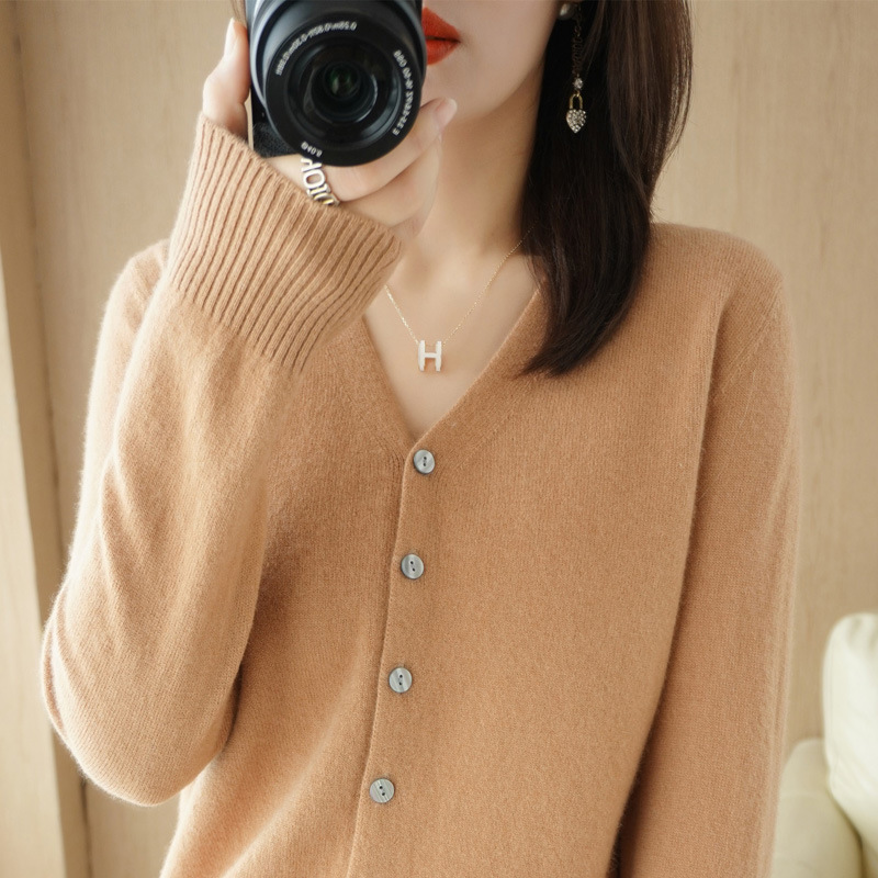 Womens V-neck Casual Solid-color Knitted Long-sleeve Jacket