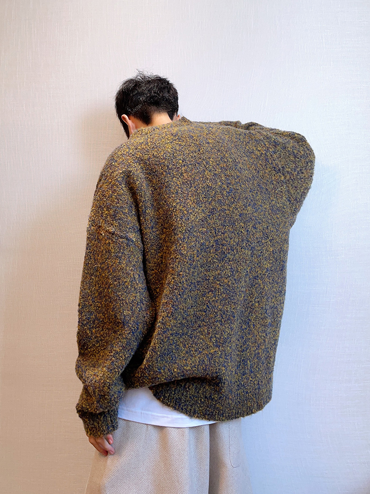 Winter Retro Easy Matching Lazy And Loose Large Design Christmas Moss Green V-neck Off-shoulder Sweater For Men