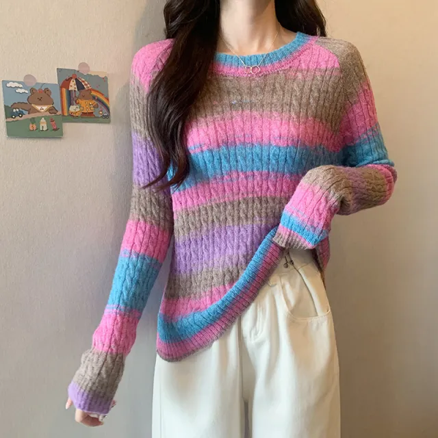 Striped Round Neck Pullover Sweater For Women Purple - Shop at LoveMi