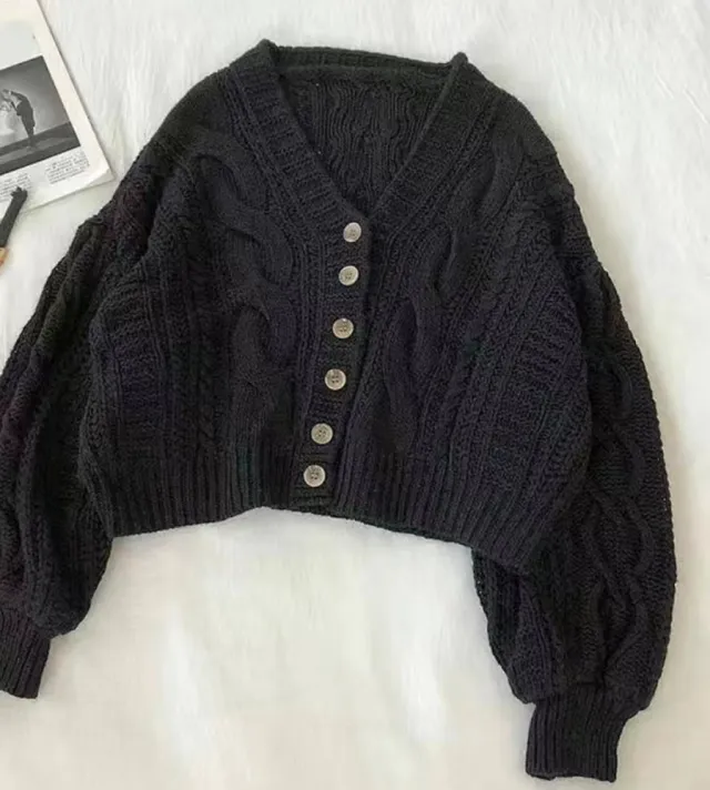 Women's Short Twist Lantern Sleeve Sweater Coat Black - Shop at LoveMi