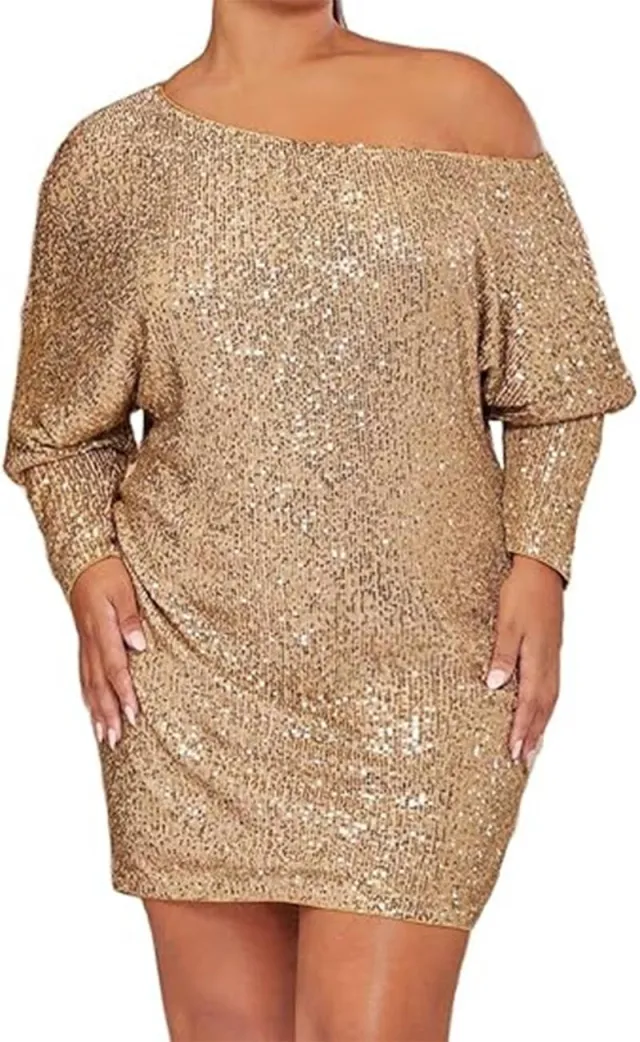 Spring Short Sleeve Loose Pullover Sequined Shirt Dress Off shoulder Long Dress Gold - Shop at LoveMi