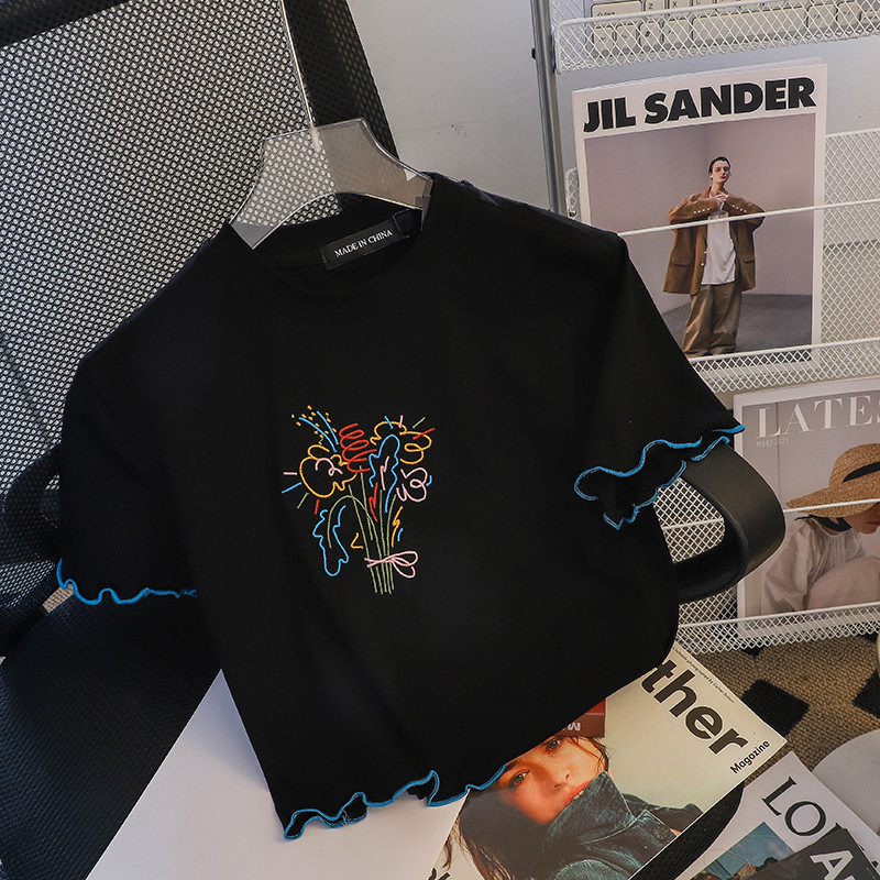 High Waist Cropped Embroidery Contrast Color Half Sleeve Top For Women Black - Shop at LoveMi