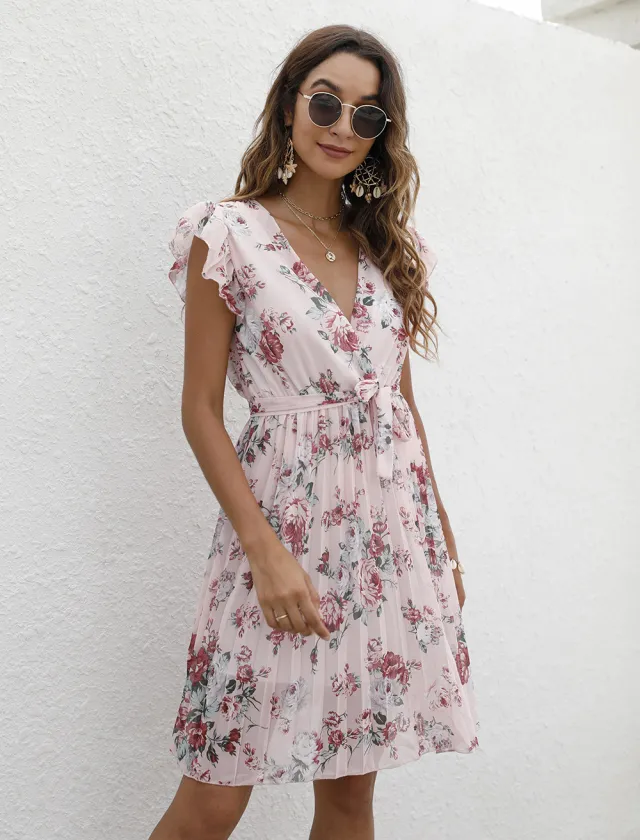 V neck Waist controlled Lace up Printing Dress 101668 Pink - Shop at LoveMi