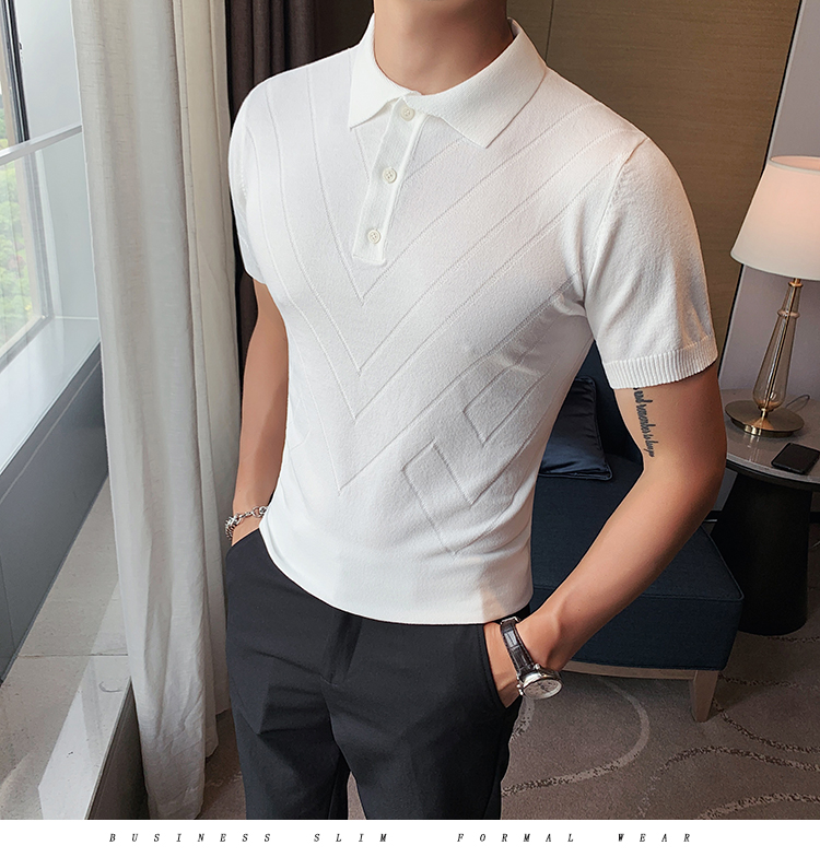 Men's Solid Color Striped Slim Lapel Polyester T-shirt