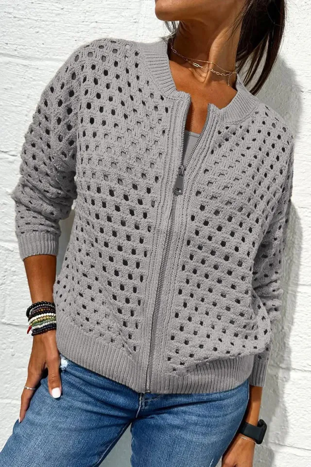European And American Leisure Hollow Knitted Zipper Jacket Women's Coat Gray - Shop at LoveMi