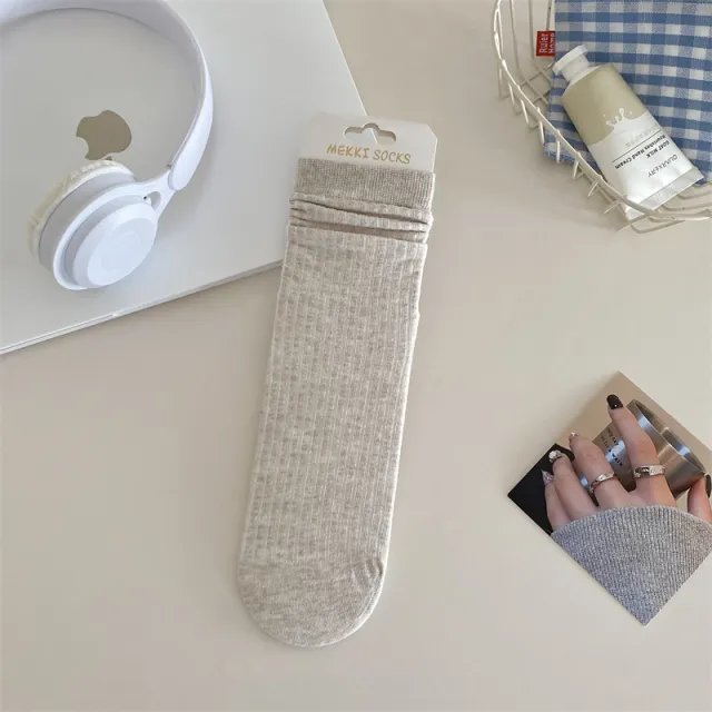 Solid Color Yarn Sunken Stripe Women White Tube Bunching Socks Women Oatmeal Color - Shop at LoveMi