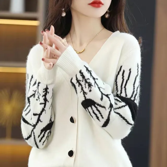 Mori Style V neck Cardigan Black And White Color Matching Sweater Top Beige - Shop at LoveMi