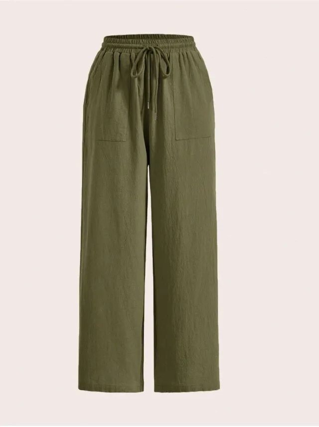 Women's Casual Solid Color Drawstring Straight Pocket Casual Pants Olive - Shop at LoveMi