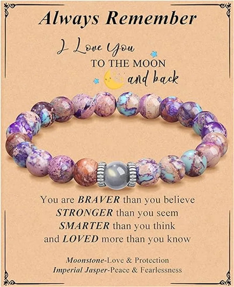 Natural Purple Emperor Stone Match Moonstone Elastic String Beaded Bracelet - 2Style