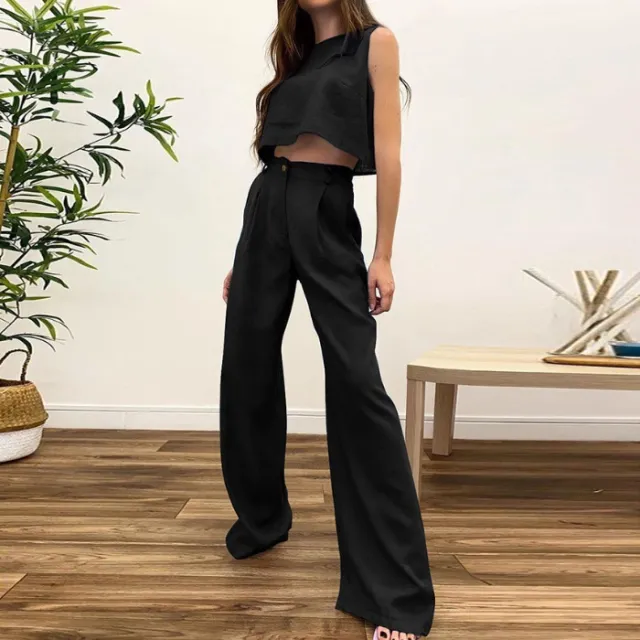 Solid Color Round Neck Sleeveless Vest Top And Trousers Black - Shop at LoveMi