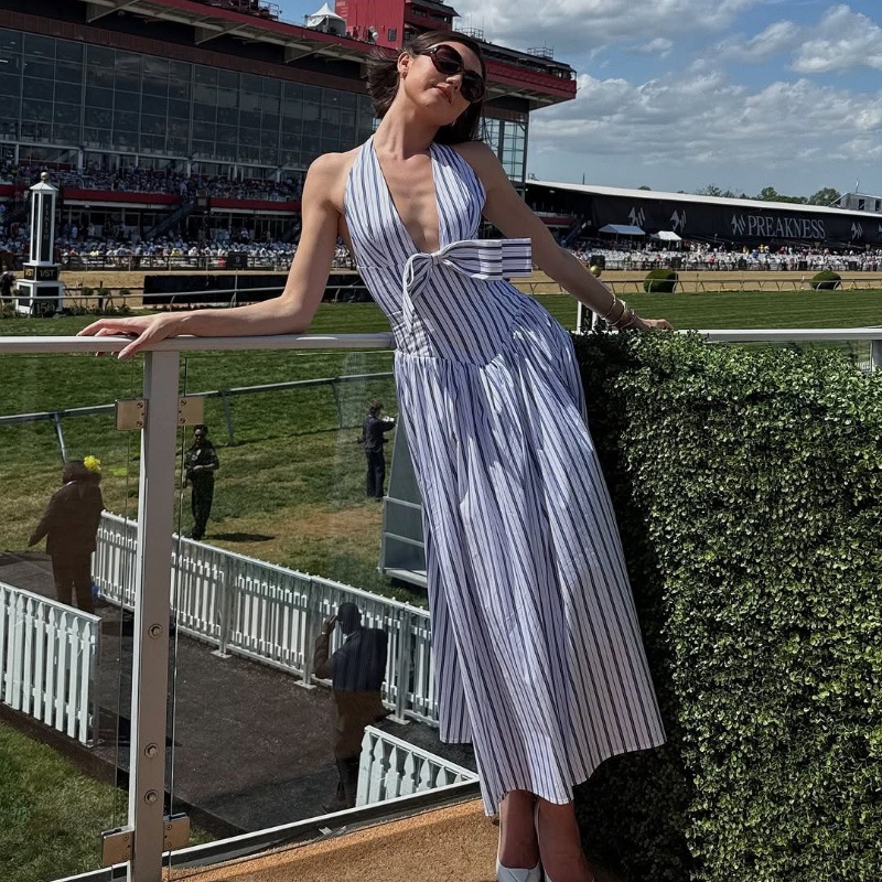 Pure Desire Style Striped Sexy V-neck Bow Halter Dress