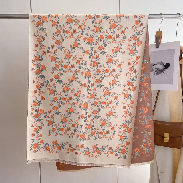 Autumn And Winter Floral Elegant Socialite Style Printed Artificial Cashmere Scarf Beige Orange - Shop at LoveMi
