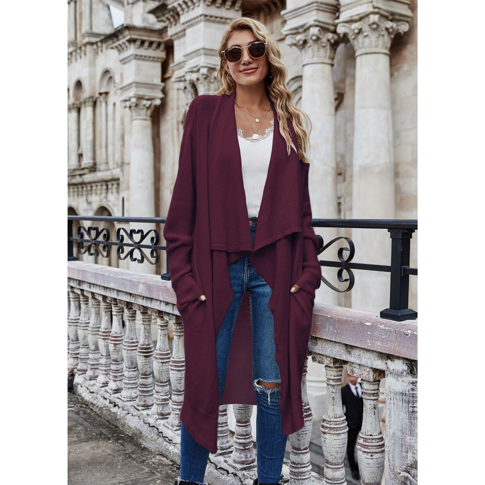 Plus Size Women's Long Fashion Temperament OL OL Knitted Coat Red - Shop at LoveMi