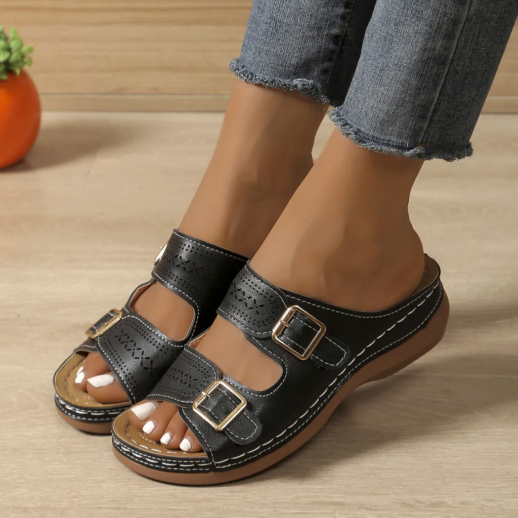 Women's Carved Belt Buckle Platform Wedge Lightweight Sandals - Black