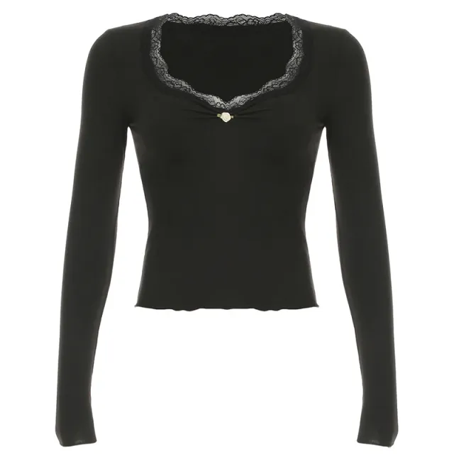 European And American V neck Pleated Chest flattering Long sleeved Top For Women Black - Shop at LoveMi