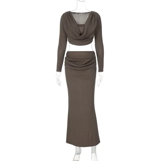 European And American Long Sleeve Swing Collar Rib Dress Two piece Fashion Casual Brown - Shop at LoveMi