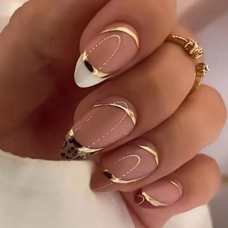 Almond Nail Shiny Gold Foil Color-blocking Leopard