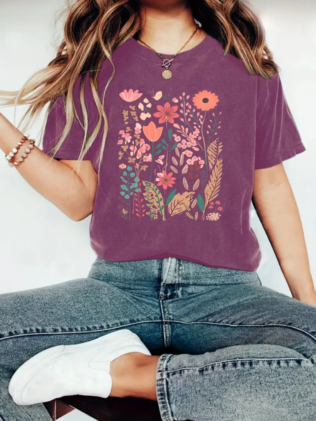 European And American Summer Women's Plant Flower Graphic Print Crew Neck Short Sleeve - Flower Dark Red