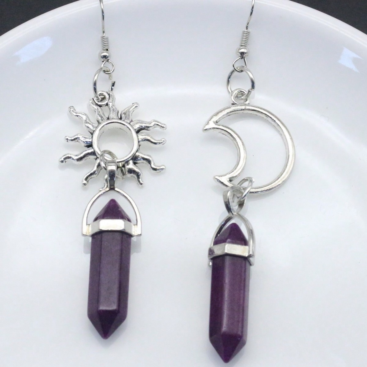 Vintage Sun Moon Hexagon Prism Crystal Earrings