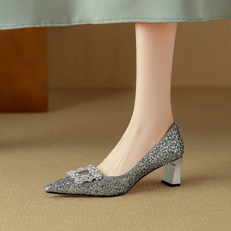 New Chunky-heel Rhinestone Square-strap Pumps