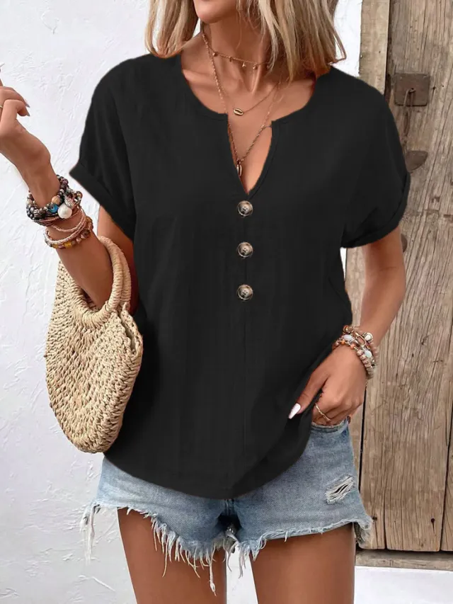 Women's Buttoned V neck Short sleeve T shirt Top Black - Shop at LoveMi