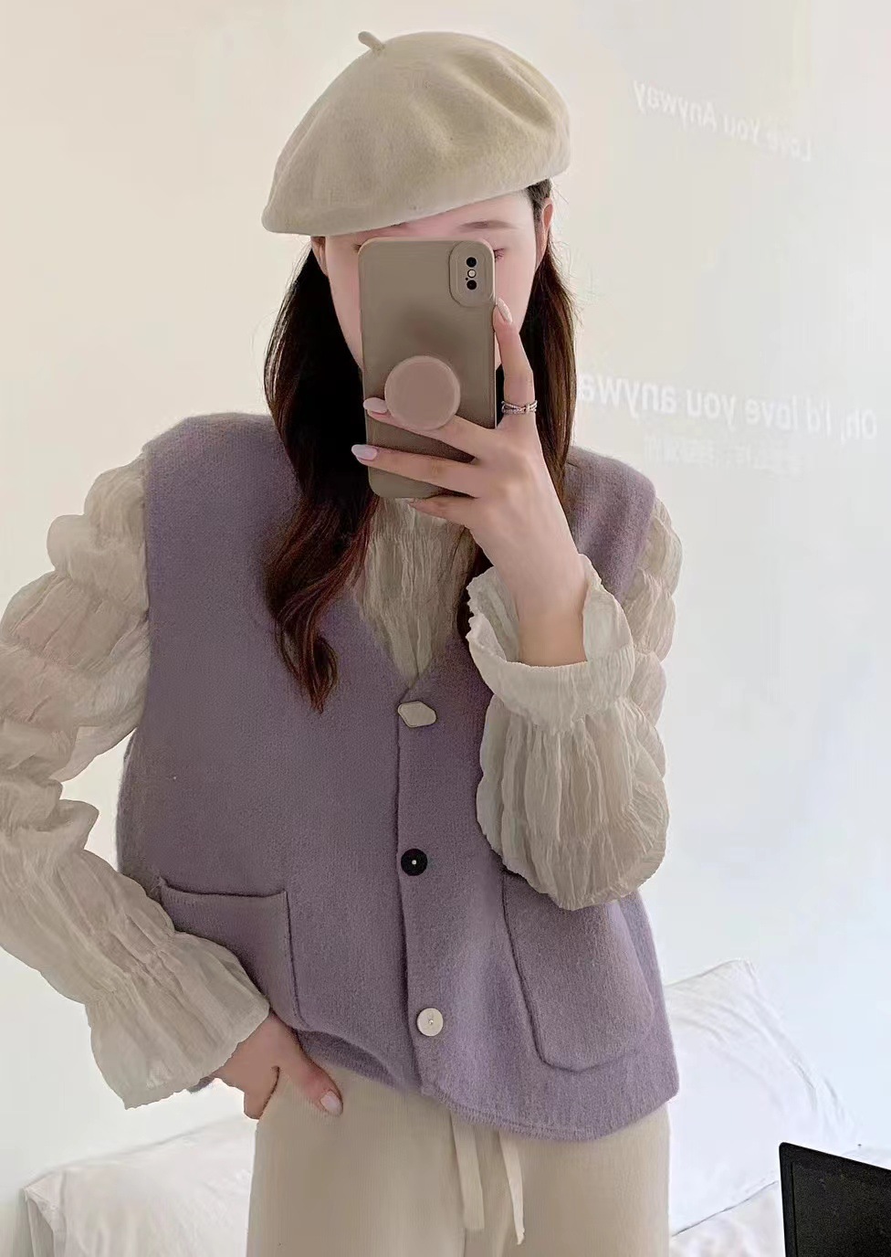 Solid Color Pocket Vest Women's Irregular Button Design Simple Bandage Dress Sweater