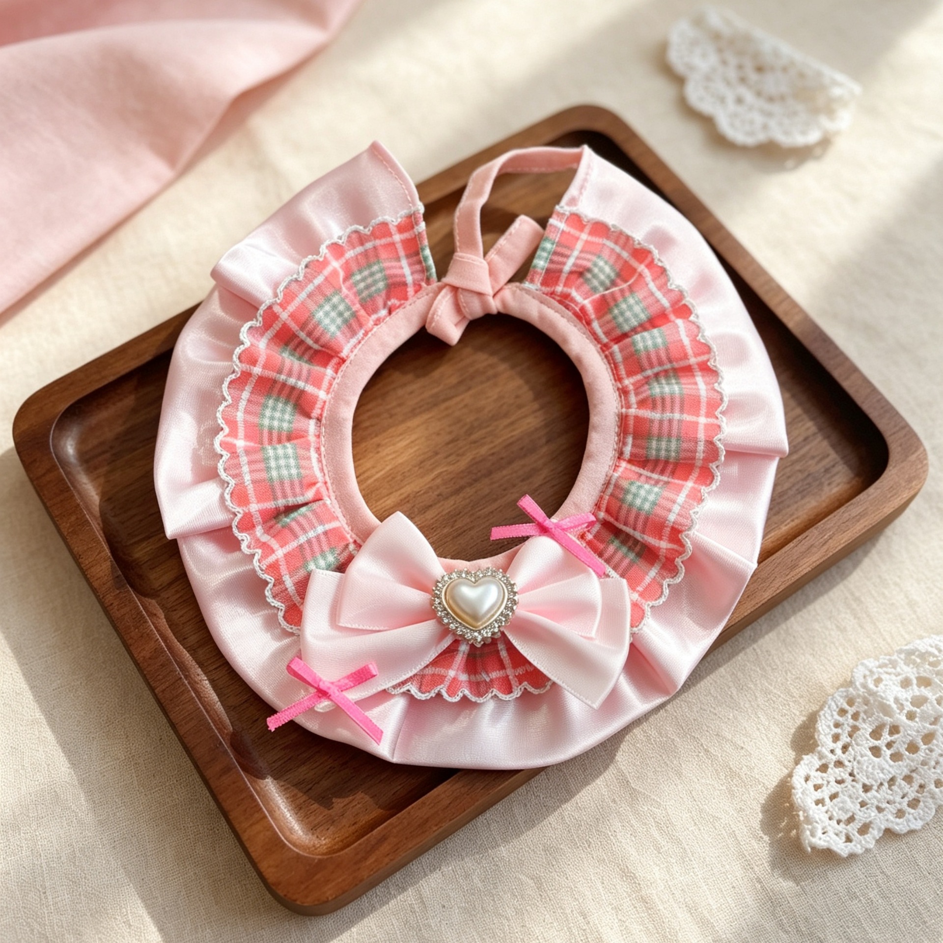 Pet Plaid Bib With Heart-Shaped Bow Tie Collar