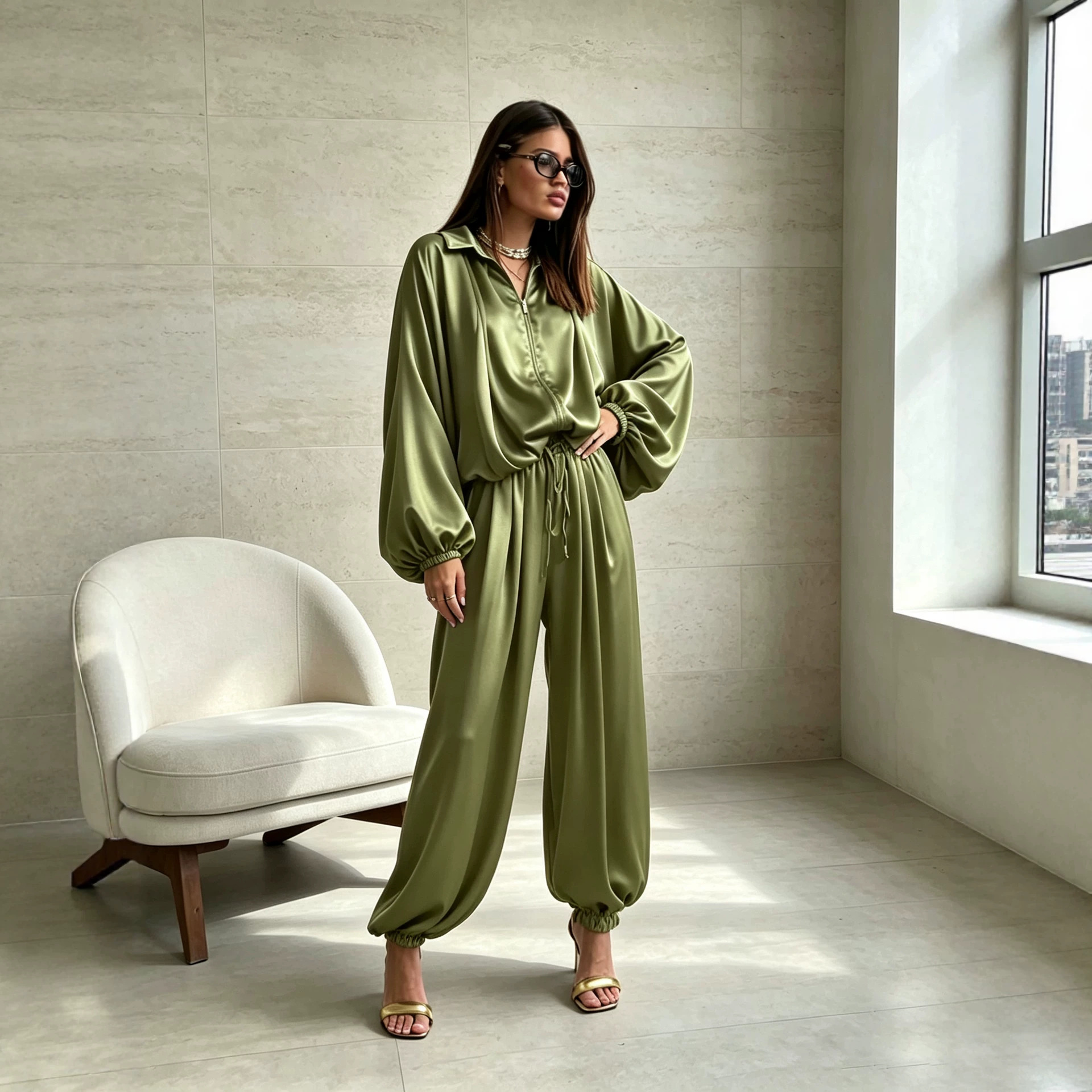 Fashionable Long-sleeve Loose-fitting Cardigan Jacket And Satin Casual Pants Set